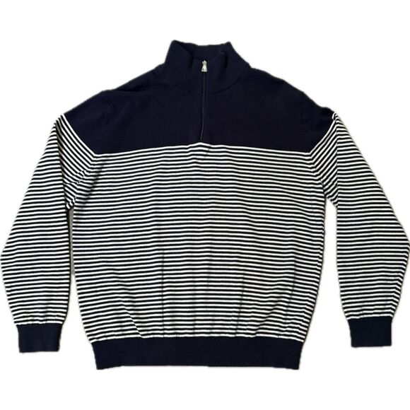 Weatherproof Vintage Navy and White Striped 1/4 Zip 100% Cotton Sweater L - Picture 1 of 10